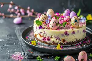 ai generado Pascua de Resurrección huevo tarta de queso festivo Pascua de Resurrección postre, mini huevos, primavera flores, espacio para texto foto