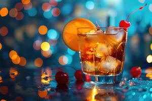 AI generated Alcoholic old fashioned cocktail with orange slice, cherry and orange peel garnish photo