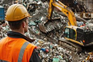 AI generated worker looking at an excavator unloading garbage at waste sorting plant photo