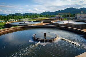 AI generated water treatment plant, Treatment facilities. Recycling. Waste processing water treatment plant photo