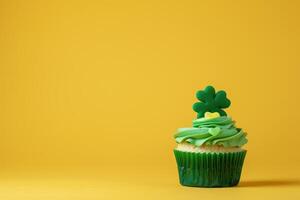 AI generated festive St. Patrick Day dessert, cupcake decorated with shamrock, coins, space for text photo