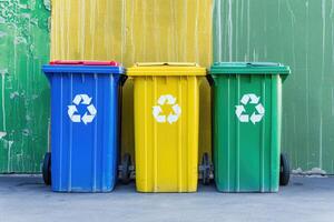 AI generated Waste sorting garbage bins, trash cans. Sorting garbage. ecology rubbish recycling photo