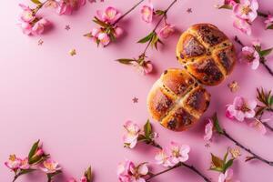 ai generado Pascua de Resurrección horneado caliente cruzar bollos festivo Pascua de Resurrección postre, mini huevos, primavera flores, espacio para texto foto