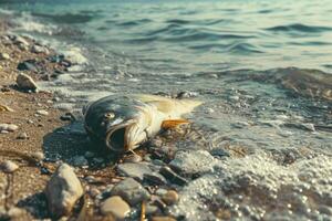 ai generado ambiental impacto industrial actividad, petróleo aguas residuales es derramar en playa, muerto peces en apuntalar foto