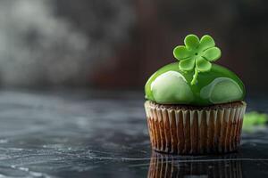 AI generated festive St. Patrick Day dessert, cupcake decorated with shamrock, coins, space for text photo