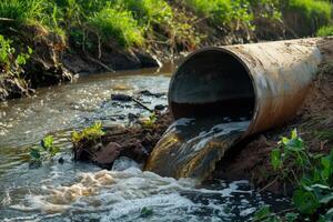 ai generado agua contaminación, ambiente contaminación. contaminado agua, sucio aguas residuales fluye desde tubo foto