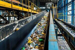 AI generated Recycling line for waste and secondary materials. sorting trash. plastic Garbage recycling conveyor photo
