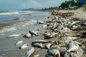 AI generated environmental impact industrial activity, Oil wastewater is spilling on beach, dead fishes on shore photo