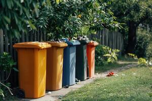 AI generated Waste sorting garbage bins, trash cans. Sorting garbage. ecology rubbish recycling photo