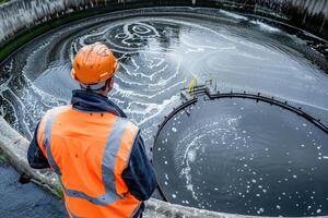 AI generated Worker under checking wastewater treatment pond industry large to control water support industry photo