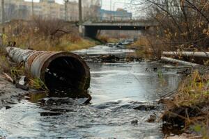 ai generado agua contaminación, ambiente contaminación. contaminado agua, sucio aguas residuales fluye desde tubo foto