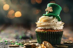 AI generated festive St. Patrick Day dessert, cupcake decorated with shamrock, green hat, coins, space for text photo