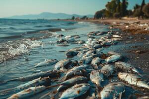 AI generated environmental impact industrial activity, Oil wastewater is spilling on beach, dead fishes on shore photo