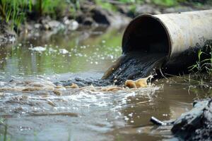 AI generated Water pollution, environment contamination. Contaminated water, Dirty sewage flows from pipe photo