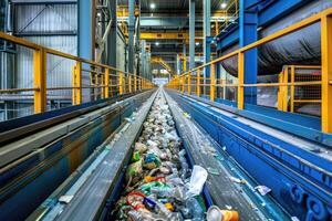 AI generated Recycling line for waste and secondary materials. sorting trash. plastic Garbage recycling conveyor photo