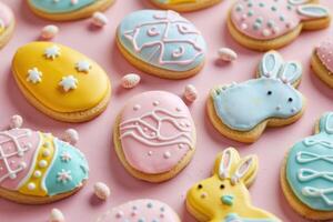 AI generated easter iced cookies in egg shapes and bunny shapes, festive Easter dessert, space for text photo