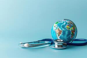 AI generated globe and stethoscope background, World health day banner photo