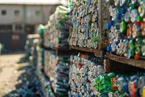 ai generado apilar de el plastico botellas a residuos basura reciclaje planta. secundario materiales clasificación basura foto