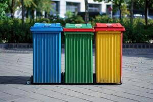 AI generated Waste sorting garbage bins, trash cans. Sorting garbage. ecology rubbish recycling photo