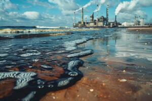 AI generated environmental impact industrial activity, Oil and wastewater spilling on beach of industrial city photo