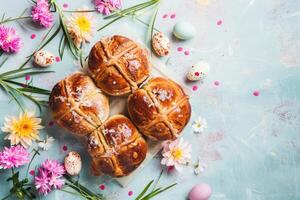 AI generated Easter baked hot cross buns festive Easter dessert, mini eggs, spring flowers, space for text photo