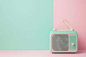 AI generated retro radio on pastel background, music recorder, nostalgia, World Amateur Radio Day, space for text photo