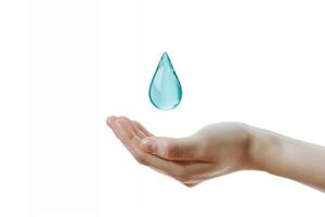 AI generated clean falling drop of water falls into hand. water resources, weather, hygiene, humidity concept photo