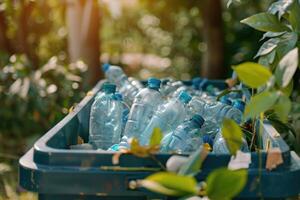 AI generated recyclable plastic bottles in garbage bin environment. Waste separation. Sorting garbage photo