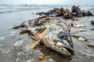 AI generated environmental impact industrial activity, Oil wastewater is spilling on beach, dead fishes on shore photo