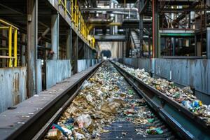 ai generado reciclaje línea para residuos y secundario materiales clasificación basura. el plastico basura reciclaje transportador foto