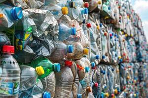 AI generated Stack of Plastic Bottles at Waste Garbage recycling plant. secondary materials. sorting trash photo