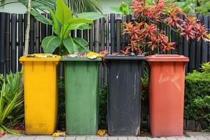 AI generated Waste sorting garbage bins, trash cans. Sorting garbage. ecology rubbish recycling photo