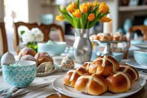 ai generado Pascua de Resurrección caliente cruzar bollos en Pascua de Resurrección desayuno mesa, primavera flores en un florero, familia comida habitación foto