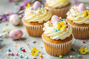 AI generated Easter cupcakes festive Easter dessert, decorated with mini eggs, spring flowers, space for text photo