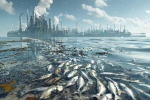 AI generated environmental impact industrial activity, Oil wastewater is spilling on beach, dead fishes on shore photo