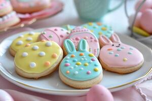 AI generated easter iced cookies in egg shapes and bunny shapes, festive Easter dessert, space for text photo