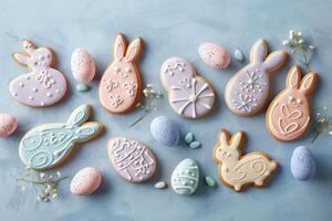 AI generated easter iced cookies in egg shapes and bunny shapes, festive Easter dessert, space for text photo
