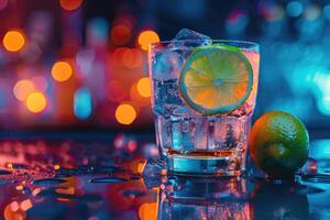 AI generated Cocktail with lime and ice in a glass. bar counter, party night, vivid bar lights. space for text photo