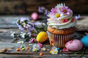 AI generated Easter cupcakes festive Easter dessert, decorated with mini eggs, spring flowers, space for text photo