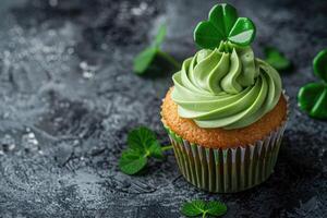 AI generated festive St. Patrick Day dessert, cupcake decorated with shamrock, coins, space for text photo