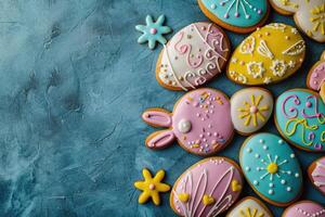 AI generated easter iced cookies in egg shapes and bunny shapes, festive Easter dessert, space for text photo