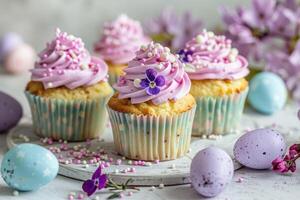 AI generated Easter cupcakes festive Easter dessert, decorated with mini eggs, spring flowers, space for text photo