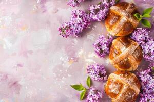 AI generated Easter baked hot cross buns festive Easter dessert, mini eggs, spring flowers, space for text photo