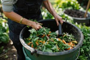 ai generado compostaje cocina vegetal residuos comida residuos para reciclaje, ambientalmente responsable compost foto