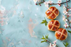 AI generated Easter baked hot cross buns festive Easter dessert, mini eggs, spring flowers, space for text photo