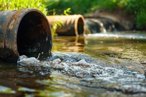 ai generado agua contaminación, ambiente contaminación. contaminado agua, sucio aguas residuales fluye desde tubo foto