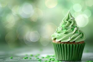 AI generated festive St. Patrick Day dessert, cupcake decorated with shamrock, coins, space for text photo