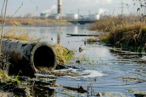 AI generated Water pollution, environment contamination. Contaminated water, Dirty sewage flows from pipe photo