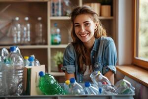 ai generado mujer clasificación desperdiciar. clasificación basura. basura reciclaje. consciente estilo de vida, social responsabilidad foto