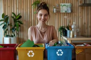 ai generado mujer clasificación desperdiciar. clasificación basura. basura reciclaje. consciente estilo de vida, social responsabilidad foto